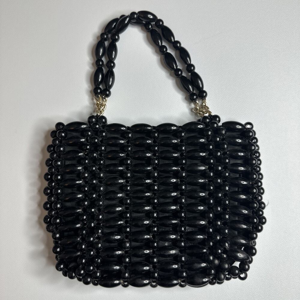 Vintage MCM Black Large Beaded Small Handbag Purse Retro Glam Evening Goth 70s
